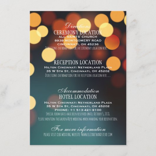 Carte D'accompagnement Turquoise Gold Bokeh Lights Détails du Mariage Inf (Devant)
