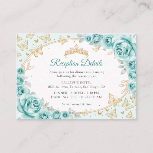 Carte D'accompagnement Turquoise Gold Quinceanera Reception Details (Devant)