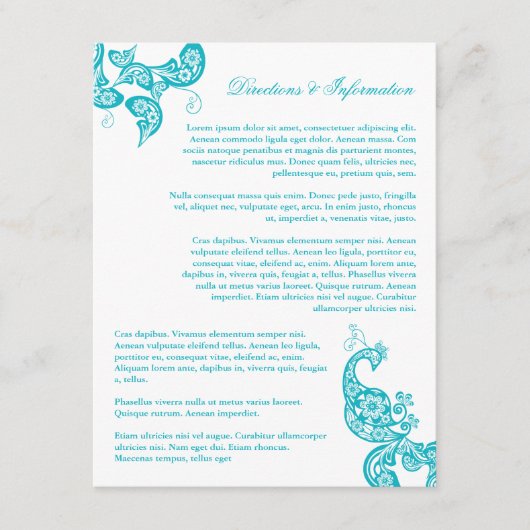 Carte D'accompagnement Turquoise Paisley Peacock Chic Mariage Information (Devant)