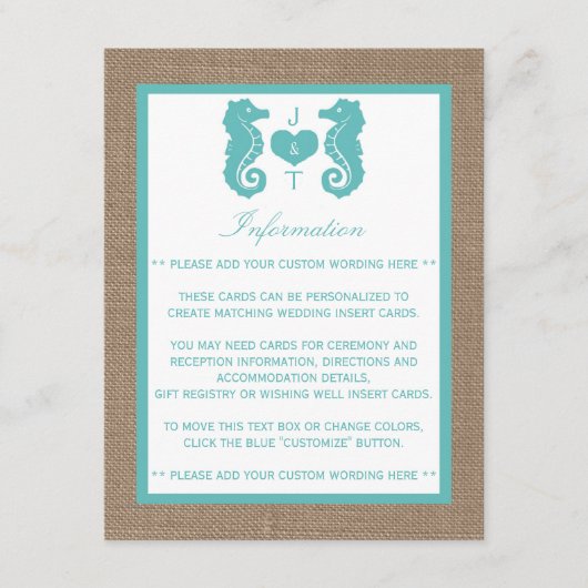 Carte D'accompagnement Turquoise Seahors Burlap Beach Wedding Collection (Devant)
