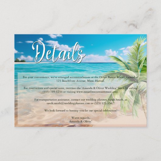 Carte D'accompagnement Turquoise Tides Tropical Beach Détails du mariage (Devant)