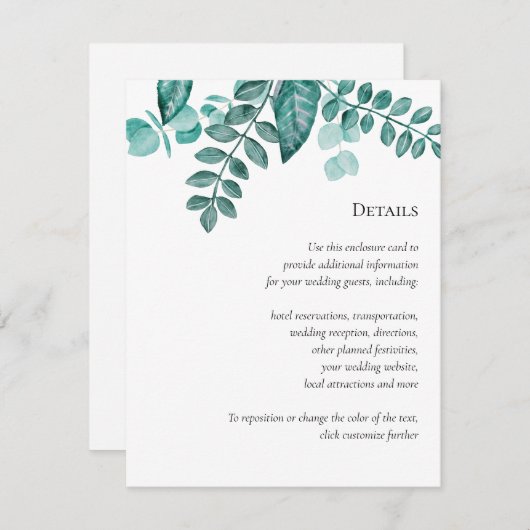 Carte D'accompagnement Turquoise Verdure Détails Mariage Autres informati (Devant / Derrière)