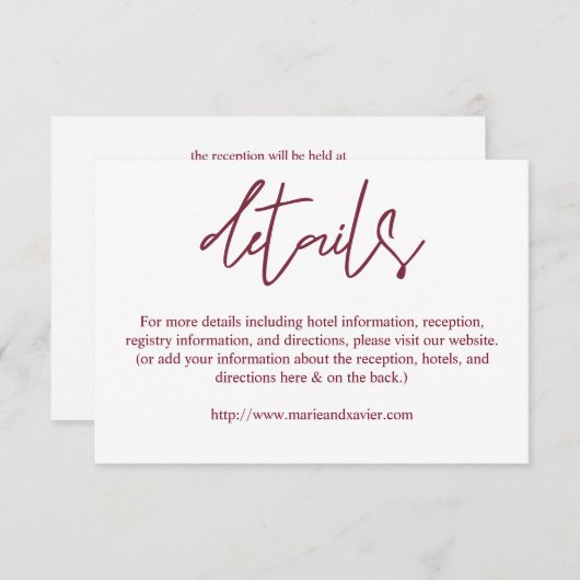 Carte D'accompagnement Typographie Bourgogne et blanche Détails du script (Devant / Derrière)