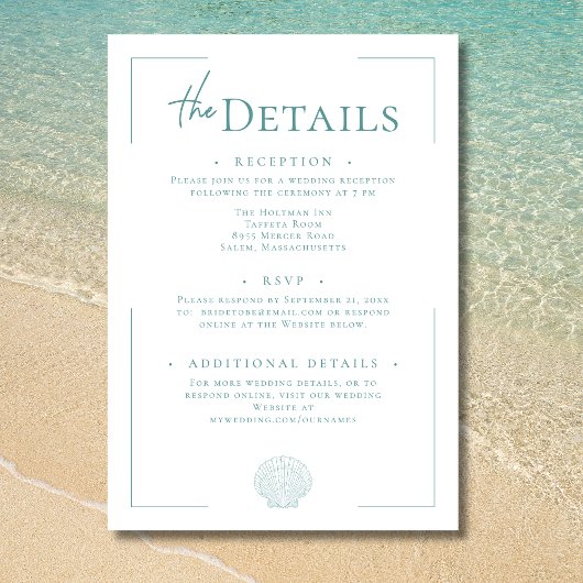 Carte D'accompagnement Typographie minimale Aqua & White Shell Mariage