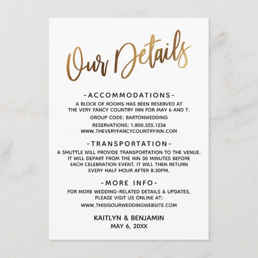 Carte D'accompagnement Typographie minimale de l'or Faux Nos détails (Devant)