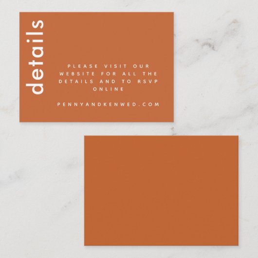 Carte D'accompagnement Typographie moderne | Burnt Orange Mariage Website (Devant / Derrière)