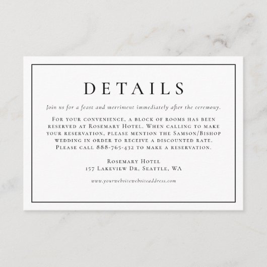 Carte D'accompagnement Typographie simple noire Détails du Mariage offici (Devant)
