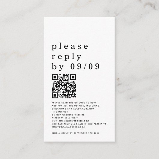 Carte D'accompagnement Typographie simple QR Code Noir Blanc Mariage RSVP (Devant)