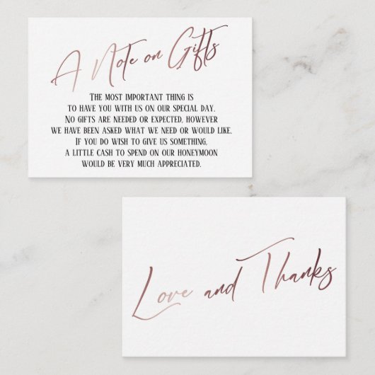 Carte D'accompagnement Une note sur les cadeaux Rose Mariage d'écriture m (Devant / Derrière)