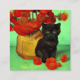 Carte D'accompagnement Van Gogh Black Kitten Fleurs rouges