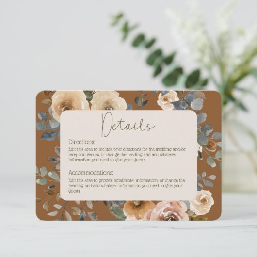Carte D'accompagnement Vanilla White Boho Roses Rust Détails Mariage (Debout devant)