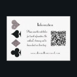 Carte D'accompagnement Vegas Mariage Black and Silver QR Code Information<br><div class="desc">Cette carte de boîtier faire-part de mariage suite est parfaite pour une fête à Las Vegas et présente des symboles de couleur argent et de couleur noire sur un arrière - plan blanc avec texte entièrement personnalisé et code QR scannable. Qu'il s'agisse d'un mariage fantaisiste ou d'un simple elopement, tout...</div>