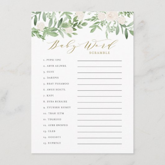 Carte D'accompagnement Verdure et Fleurs blanches Bébé Mot Scramble Jeu (Devant)