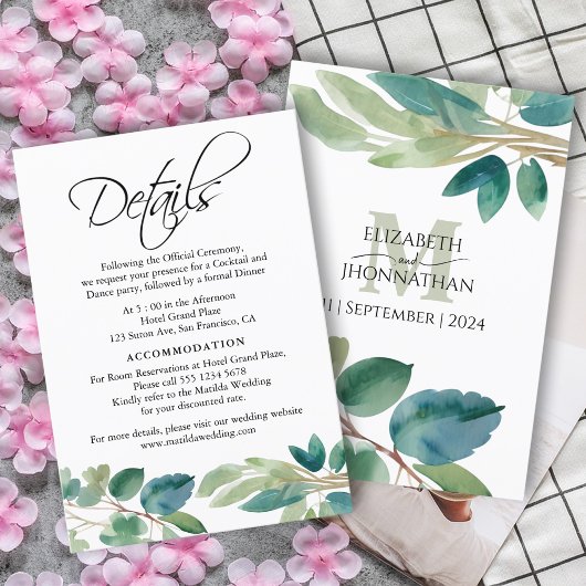 Carte D'accompagnement Verdure Eucalyptus Aquarelle Détails Monogramme