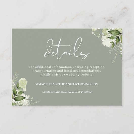 Carte D'accompagnement Verdure Floral Elégant Sage Green Mariage Détails (Devant)