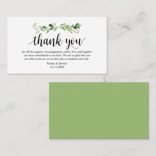 Carte D'accompagnement Verdure, Script noir moderne, Merci Mariage (Devant / Derrière)