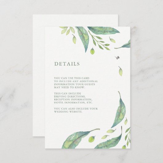 Carte D'accompagnement Vert feuilles | Informations sur le client Mariage (Devant / Derrière)