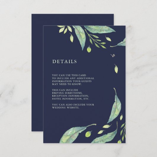 Carte D'accompagnement Vert feuilles | Mariage bleu foncé Informations su (Devant / Derrière)