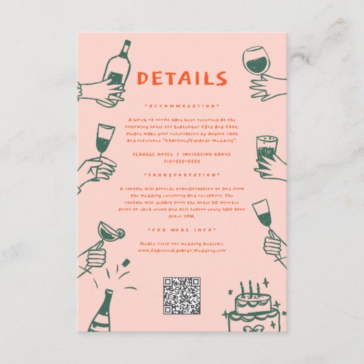 Carte D'accompagnement Vert rouge main dessinée Funky Doodle Mariage déta (Devant)