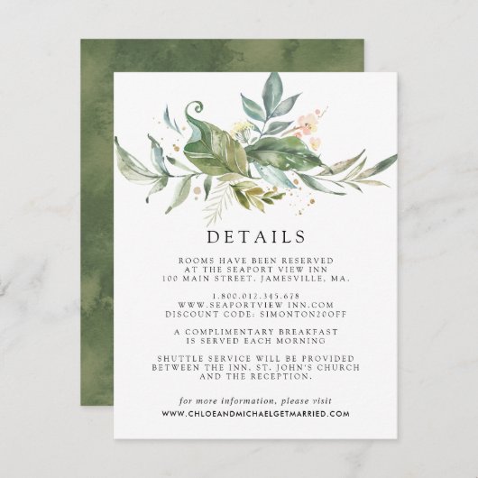 Carte D'accompagnement Vert sauge, or blanc, détails botaniques pour invi (Devant / Derrière)