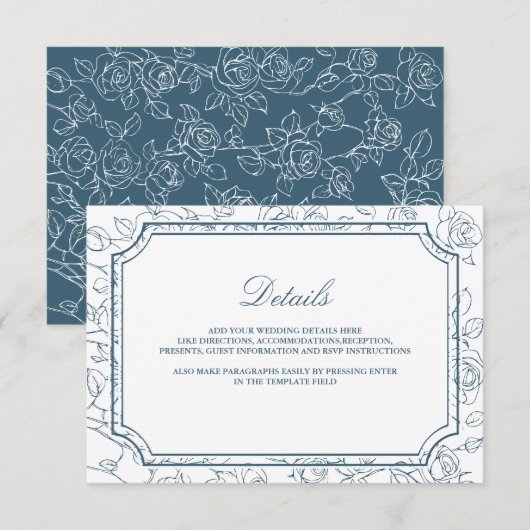 Carte D'accompagnement Victorian Dusty Blue Line Art Wedding Details (Devant / Derrière)