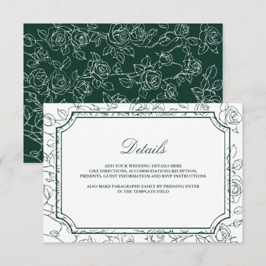 Carte D'accompagnement Victorian Emerald Green Line Art Wedding Details (Devant / Derrière)