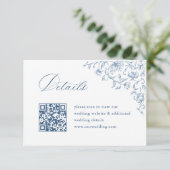 Carte D'accompagnement Victorian Ornate Blue Mariage QR code Détails (Debout devant)