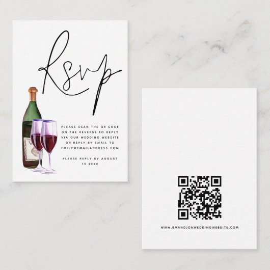 Carte D'accompagnement Vin bouteille de verre Script QR Code Mariage RSVP (Devant / Derrière)