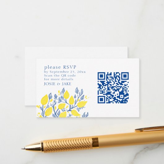 Carte D'accompagnement Vins de citron bleu et jaune RSVP QR Code (Devant/Arrière en situation)