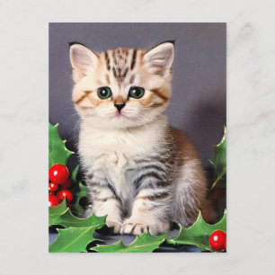Carte D'accompagnement Vintage Christmas Kitten et Holly