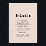 Carte D'accompagnement Vintage minimaliste des informations sur les invit<br><div class="desc">Carte d'information des clients mariages : n'oubliez pas cette carte utile avec tous vos détails mariages importants comme l'emplacement, l'hébergement, le transport, etc... Un design minimaliste et vintage pour votre papeterie mariage : choisissez cette suite mariage rétro mais moderne, avec une police de machine à écrire. Entièrement personnalisable, pour les...</div>