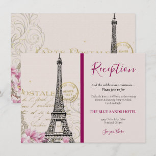 Carte D'accompagnement Vintage Paris Tour Eiffel Mariage en fleurs roses