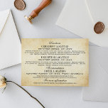 Carte D'accompagnement Vintage Rustic Black Flourish Mariage<br><div class="desc">Des tourbillons et des fioritures décoratifs noirs encadrent cette élégante carte d'information mariage de typographie vintage. L'arrière - plan d'ivoire rustique est imprimé avec une texture de papier parchemin vieilli. Personnalisez le texte personnalisé avec les directions vers vos lieux de cérémonie et de réception, votre hébergement à l'hôtel, le site...</div>
