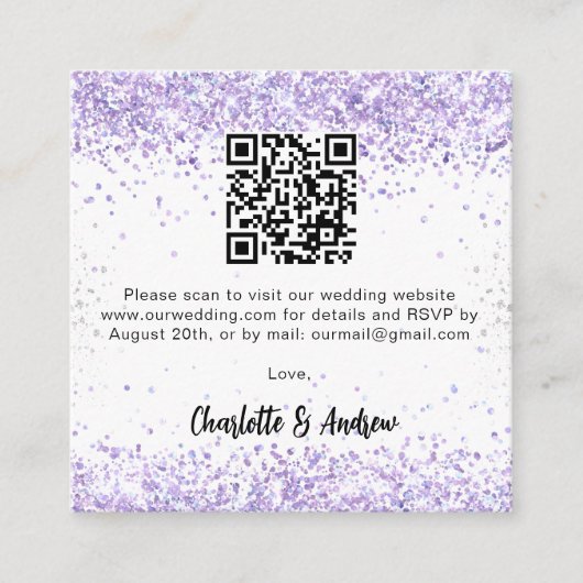 Carte D'accompagnement Violet blanc Code QR mariage RSVP (Devant)