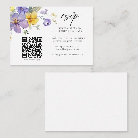 Carte D'accompagnement Violet Jaune Lavande Floral QR Code Mariage RSVP (Devant / Derrière)