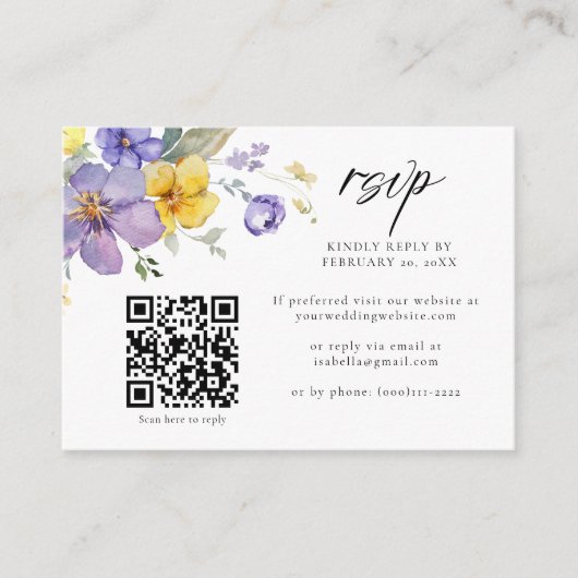 Carte D'accompagnement Violet Jaune Lavande Floral QR Code Mariage RSVP (Devant)