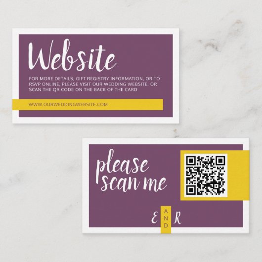 Carte D'accompagnement violet jaune moderne avec code QR site mariage (Devant / Derrière)