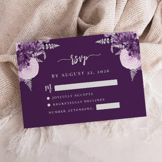 Carte D'accompagnement Violet Lilac Argent Floral Script Mariage RSVP