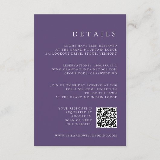 Carte D'accompagnement Violet Violet Code QR RSVP & Détails Mariage (Devant)