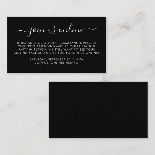 Carte D'accompagnement Virtual Online Option Black Graduation Party (Devant / Derrière)