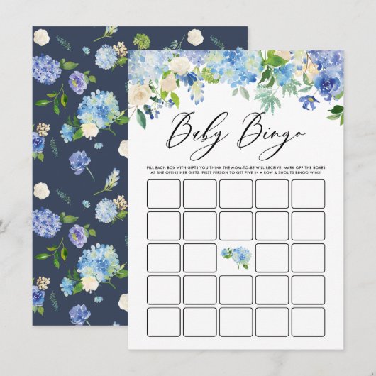 Carte D'accompagnement Watercolor Blue Hydrangea Baby shower Bingo Jeu (Devant / Derrière)
