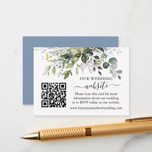 Carte D'accompagnement Watercolor Green Site Mariage QR Dusty Blue (Devant/Arrière en situation)
