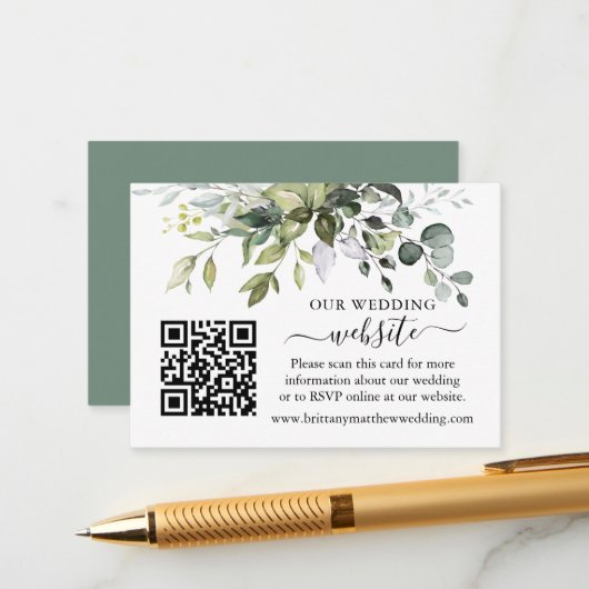 Carte D'accompagnement Watercolor Green Site Mariage QR Sage Green (Devant/Arrière en situation)