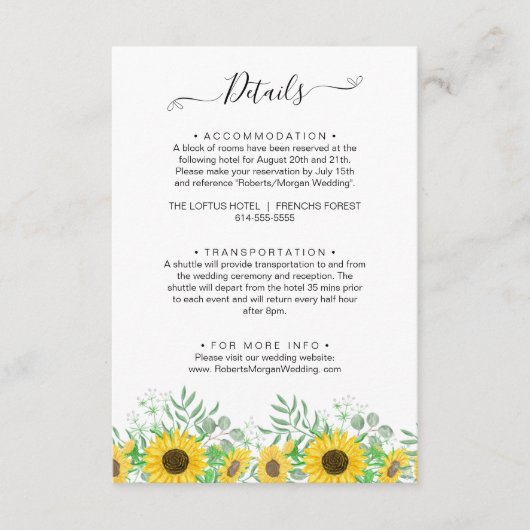 Carte D'accompagnement Watercolor Sunflowers Détails du Mariage (Devant)