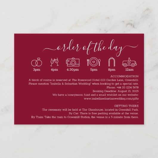 Carte D'accompagnement Wedding Formal Burgundy Details Order Of The Day (Devant)