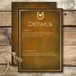Carte D'accompagnement Western Rustic Horseshoe Détails Brown & Gold<br><div class="desc">Saddle-up pour une fête comme personne d'autre avec notre magnifique carte de détails mariage en cuir marron rustique. Inspiré par le charme sauvage du Wild West, ce design est parfait pour les couples qui souhaitent ajouter une touche de fantaisie à leur journée spéciale. Chaque carte comporte un cadre flottant en...</div>