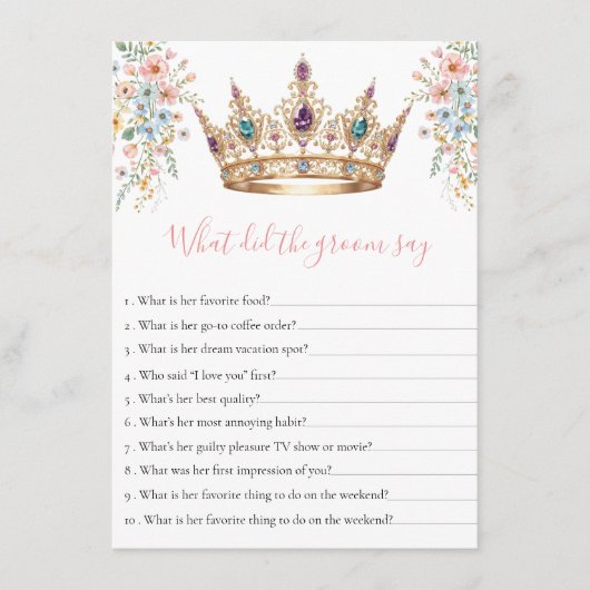 Carte D'accompagnement What Did the Groom Say queen Bridal Shower Game (Devant)