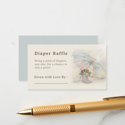 Carte D'accompagnement Whimsical Aura Umbrella Floral Boots Diaper Raffle (Devant/Arrière en situation)