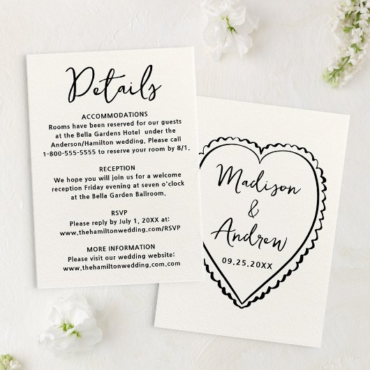 Carte D'accompagnement Whimsical Black Heart Wedding Details