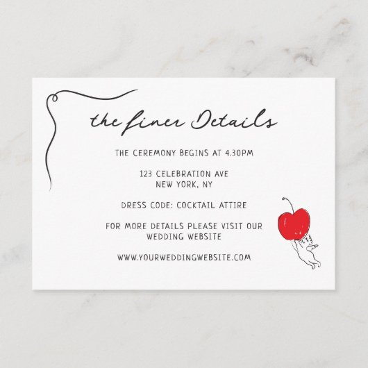 Carte D'accompagnement Whimsical manuscrit Cherry Détails du Mariage (Devant)